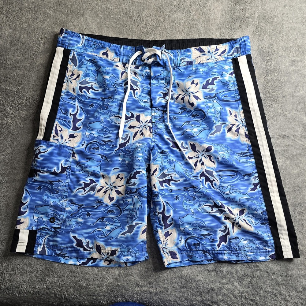 Gecko Hawaii Shorts Mens M Boardshorts Blue Floral Gecko Drawstring 10" Lined
